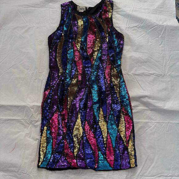 Vintage 1980s Sean Silk Sequined Cocktail Party Dress Size Small Pink Gold Blue - Picture 6 of 12